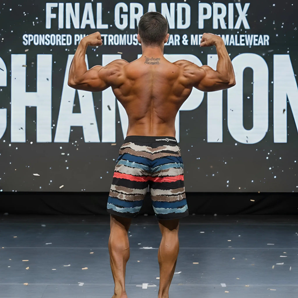 A muscular man wearing metromalewear metromusclewear tiger physique board shorts with blue red beige camo pattern