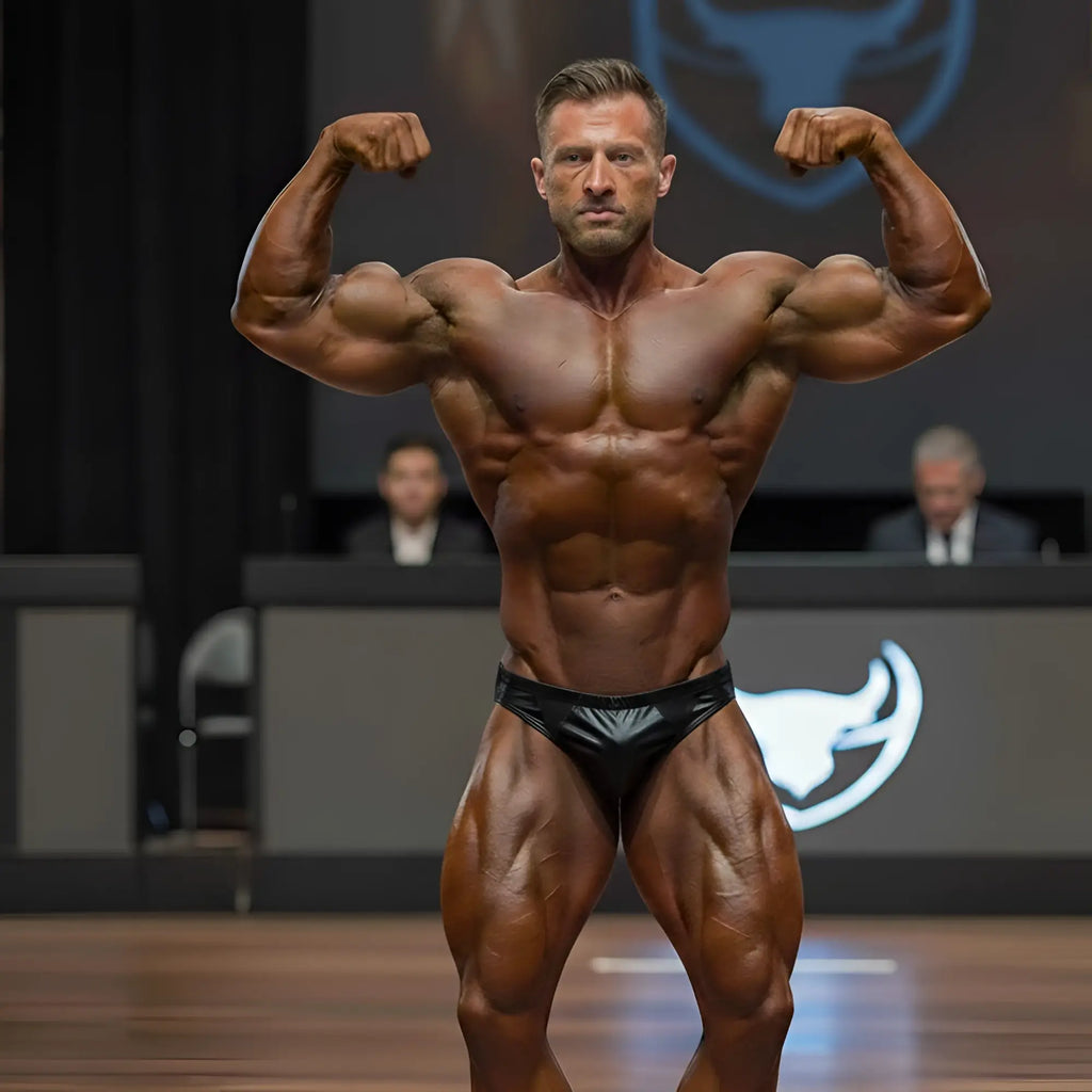 A muscular man wearing black shiny MetroMaleWear Zeus muscle trunk flexing his arms on stage