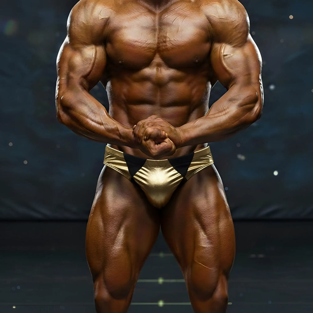 MetroMaleWear Zeus muscle trunk gold shiny metallic briefs with black triangular accents for men
