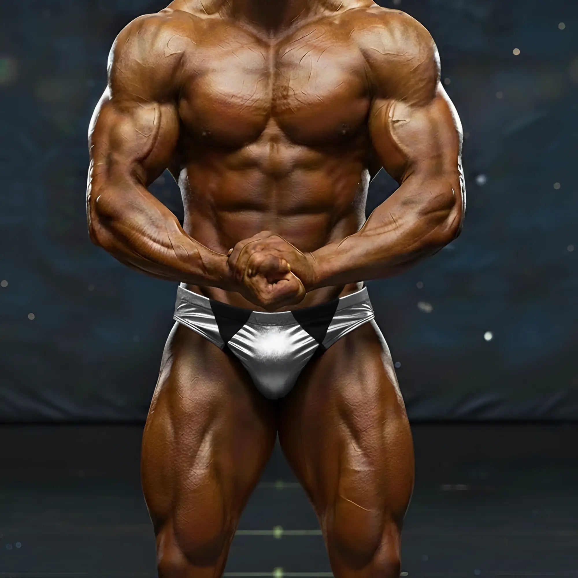 Silver and black metallic bodybuilding briefs with a shiny reflective finish from MetroMaleWear MetroMuscleWear Zeus Muscle Trunk