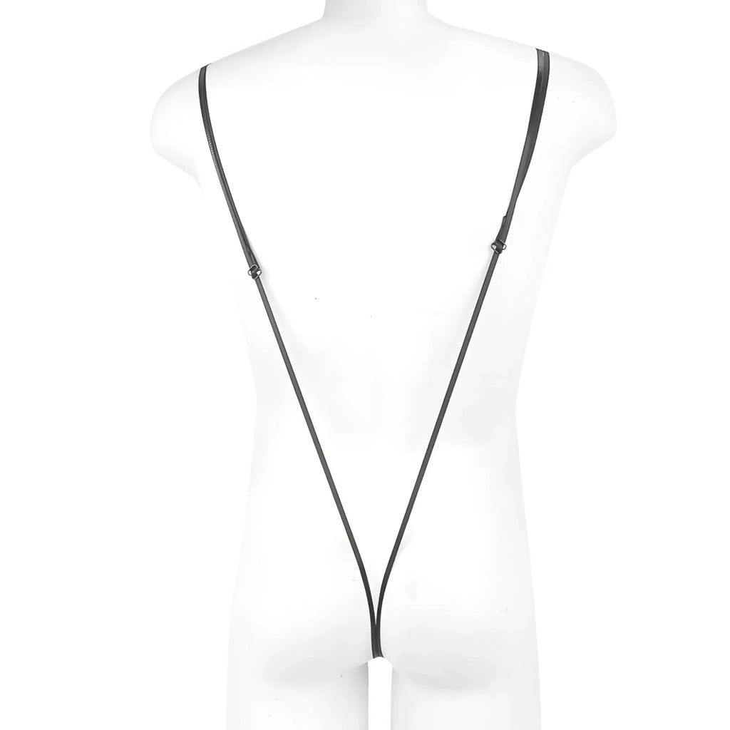 Black leather strap with adjustable metal clasps and white cylindrical attachment on metro malewear miami bodysuit