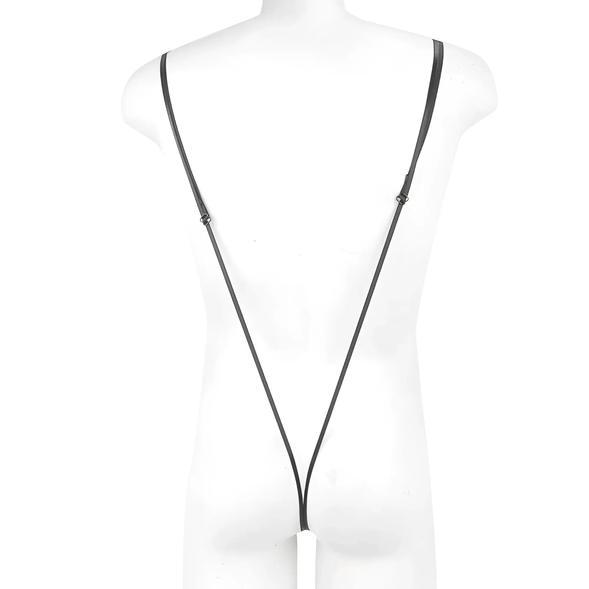 Black leather strap with adjustable metal clasps and white cylindrical attachment on metro malewear miami bodysuit