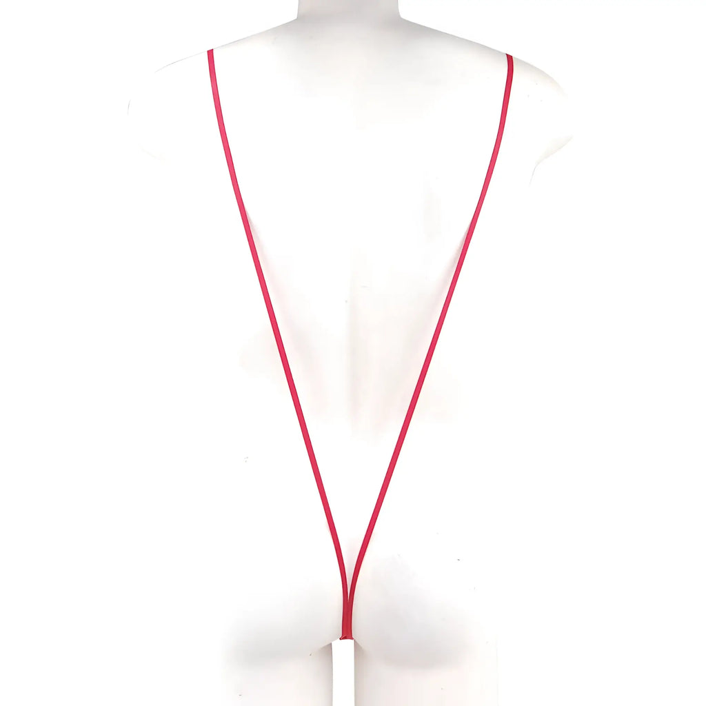 A sleek vibrant red MetroMaleWear Miami bodysuit with a minimalist white rectangular tag on a lanyard