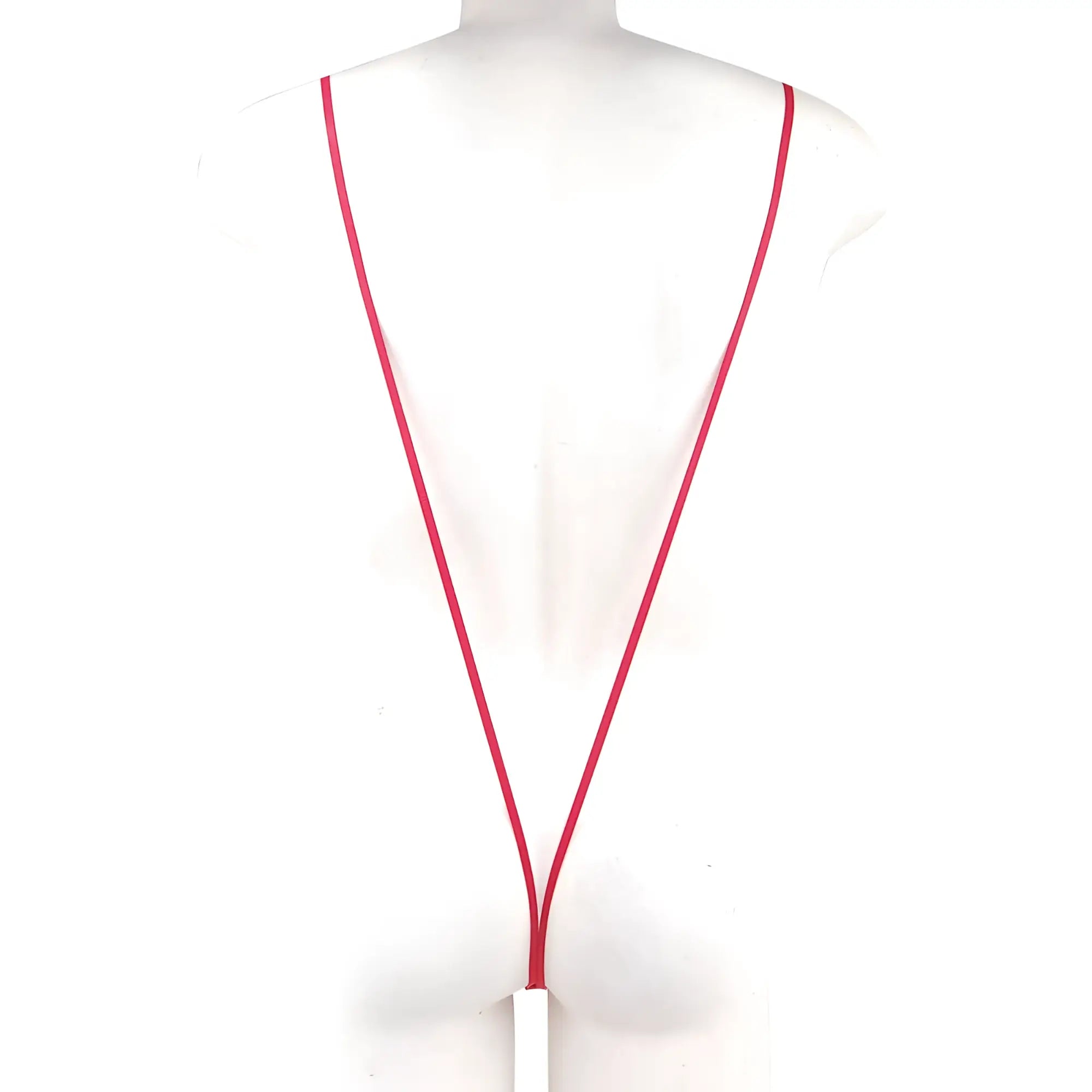 A sleek vibrant red MetroMaleWear Miami bodysuit with a minimalist white rectangular tag on a lanyard