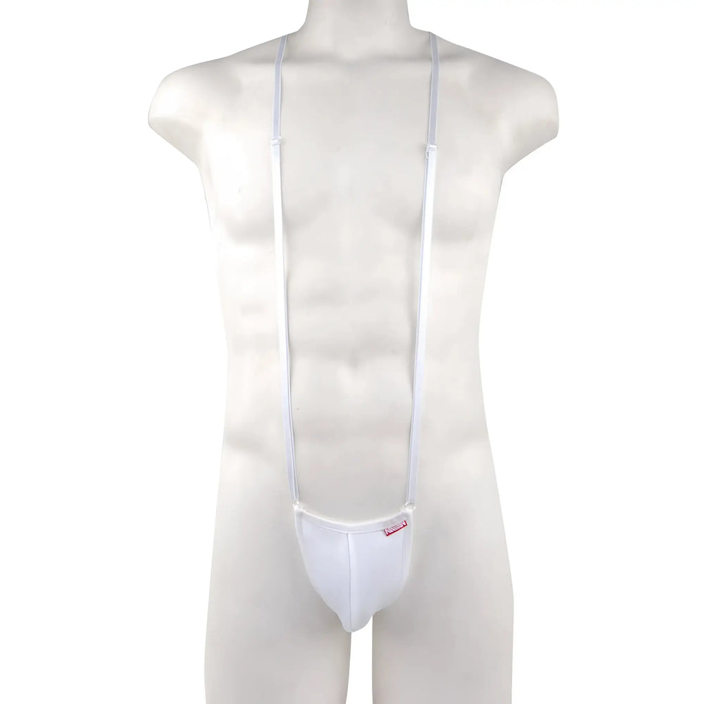 White nylon suspenders with matching white pouch from MetroMaleWear Miami bodysuit 0008-00 for stylish wear