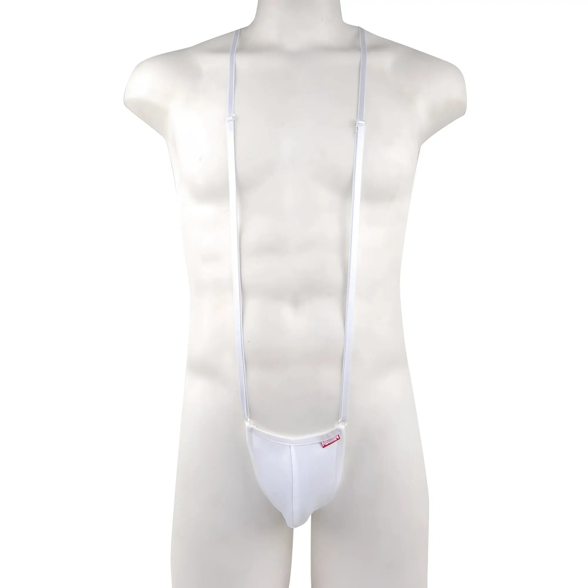White nylon suspenders with matching white pouch from MetroMaleWear Miami bodysuit 0008-00 for stylish wear