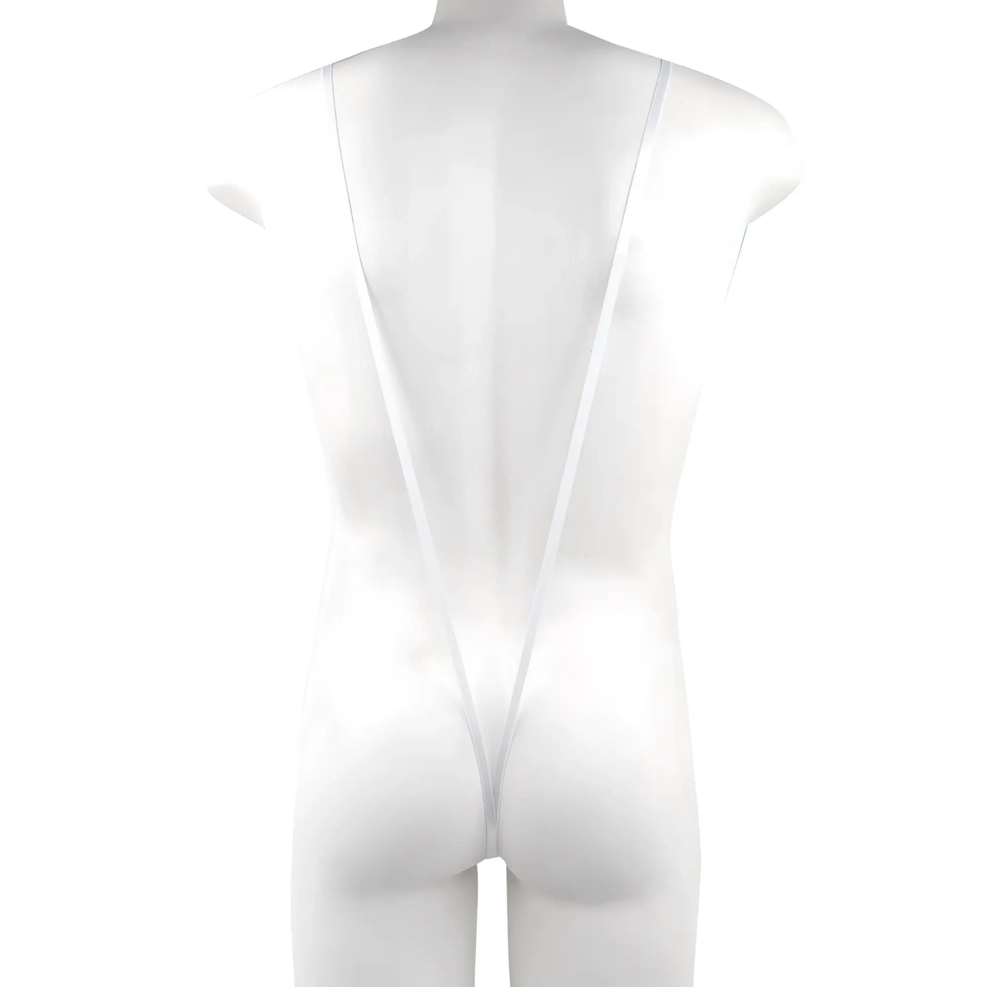 White sheer one-piece swimsuit with thin straps and deep back cutout shown from the back metro male wear