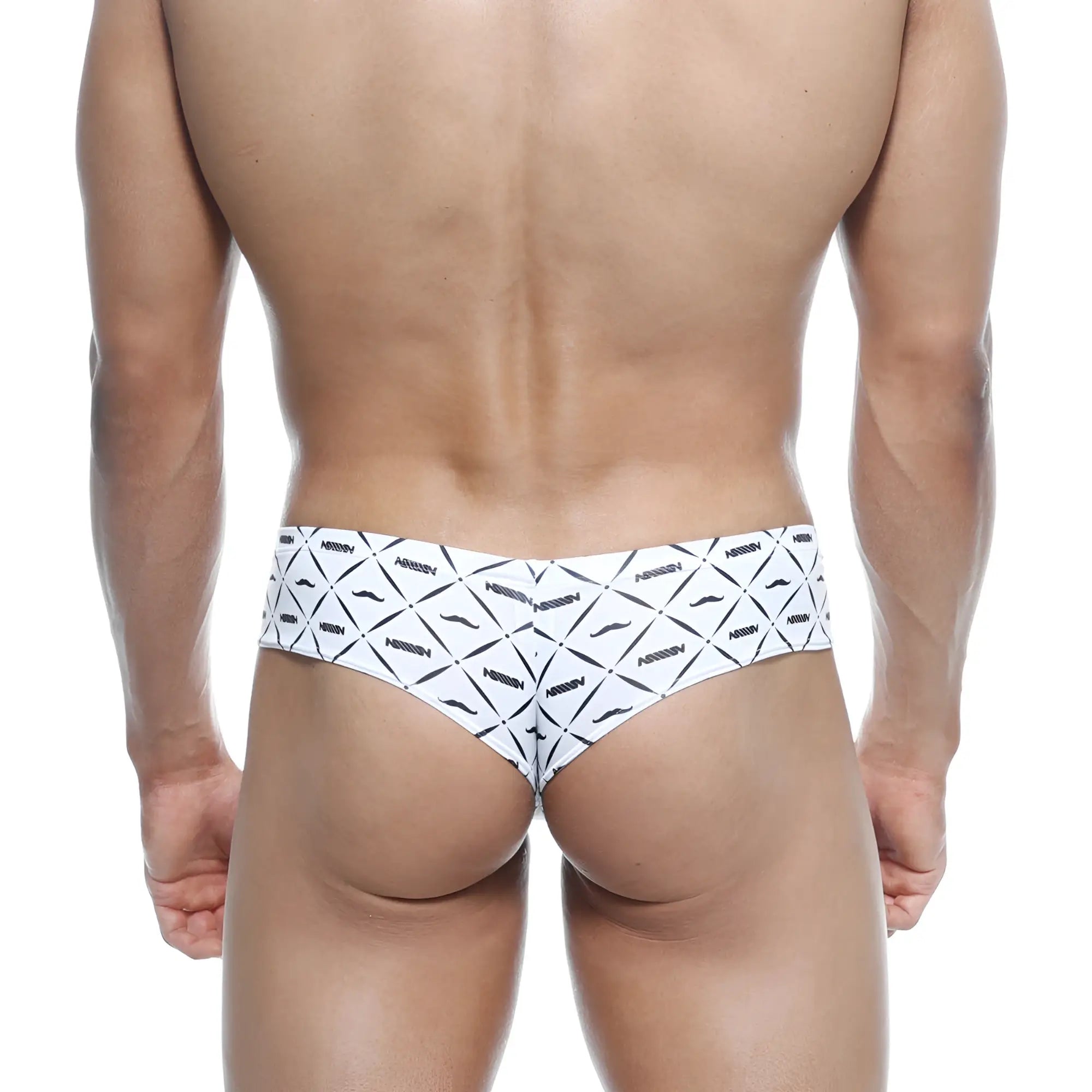 White briefs with bold black geometric mustache pattern and arrow brand name from metromalewear micro cheek caballero 2027-03
