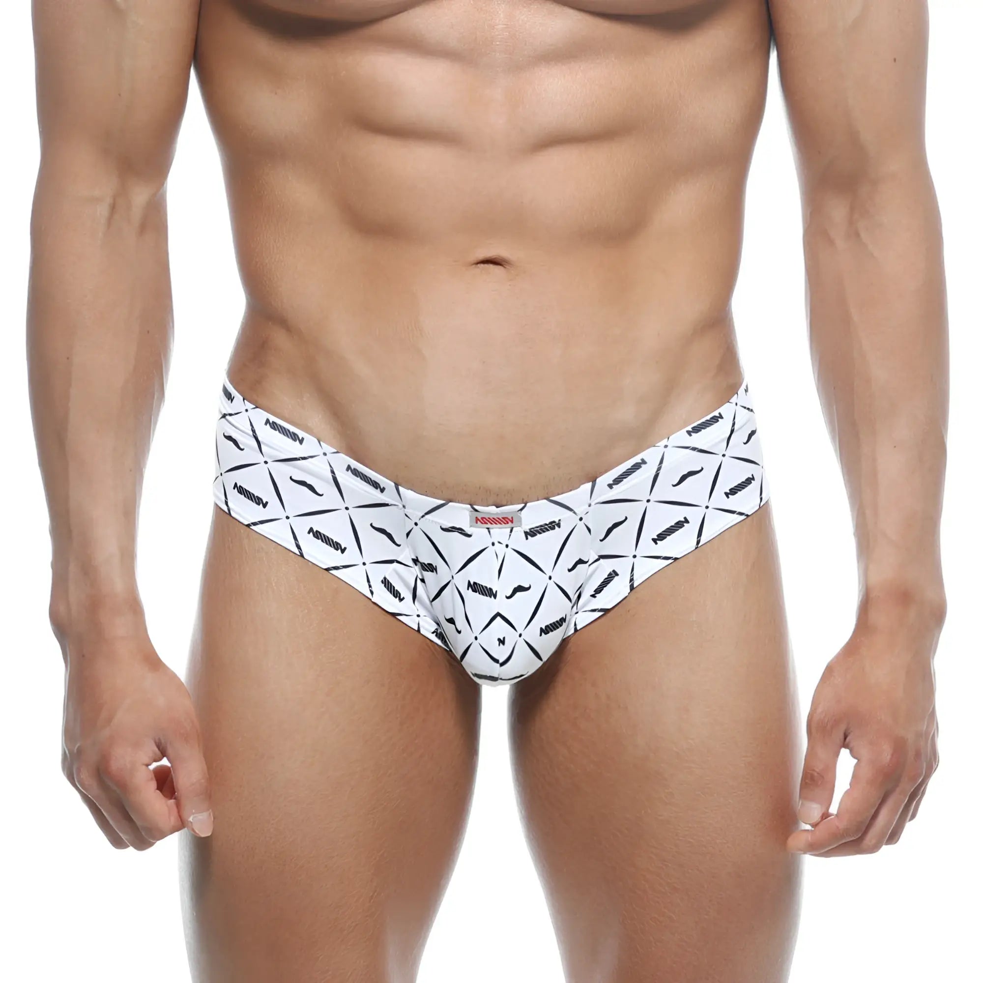 White men’s swim trunks with bold black geometric and stylized mustache patterns branded arrow metro malewear 2027-03
