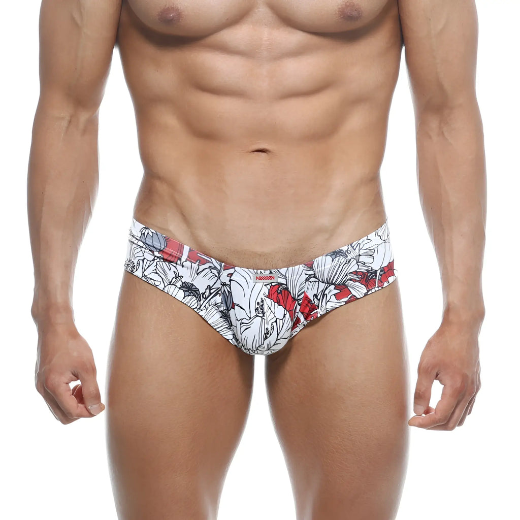 MetroMalewear micro cheek Escobar 2027-09 white and red floral-patterned men’s briefs with bold graphic design