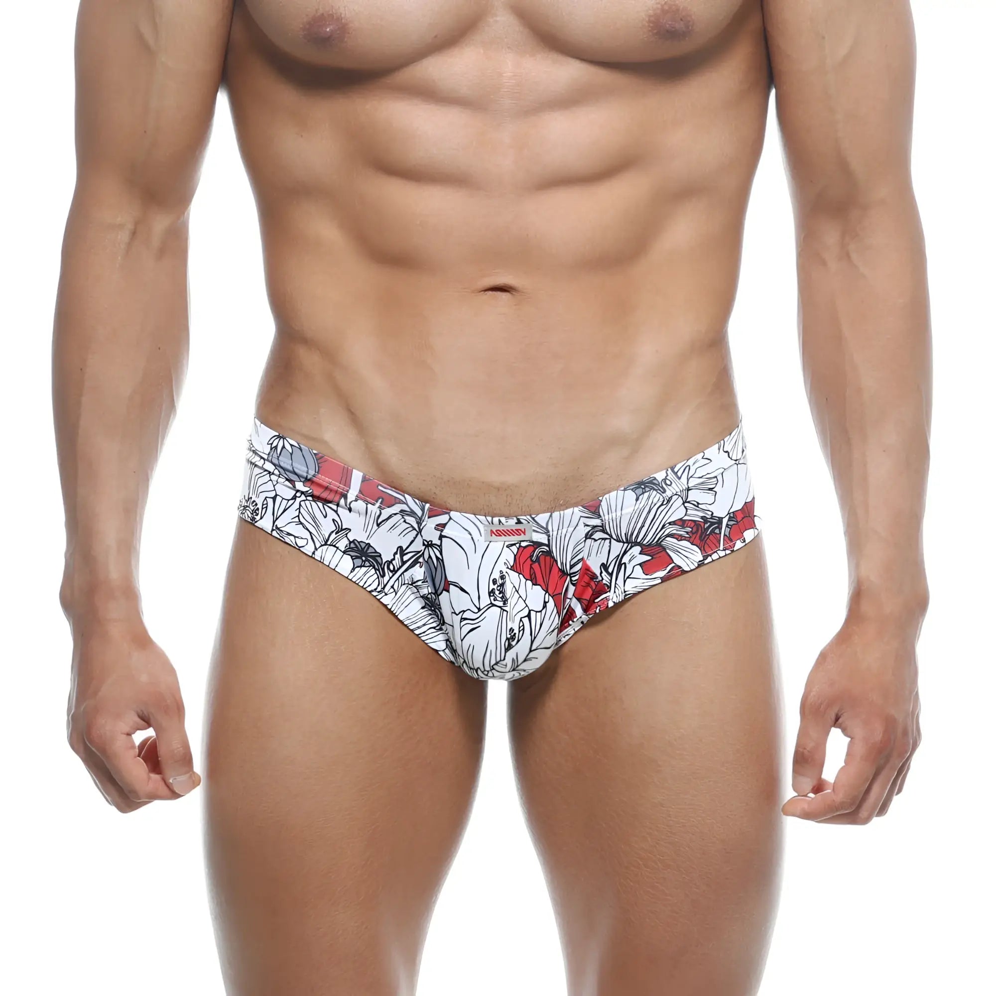 MetroMalewear micro cheek Escobar 2027-09 white and red floral-patterned men’s briefs with bold graphic design