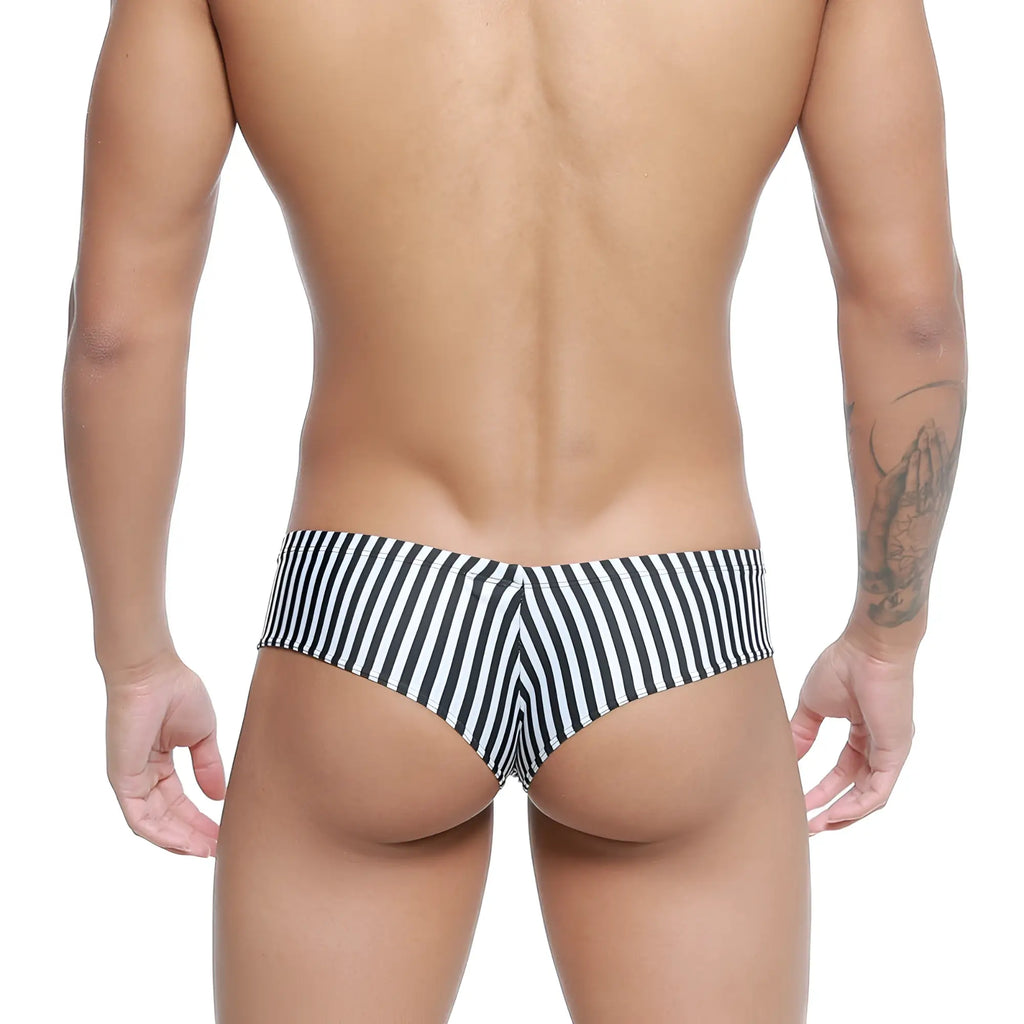 Black and white striped men’s swim trunks with a snug tailored fit from MetroMaleWear Micro Cheek Jail 2027-40