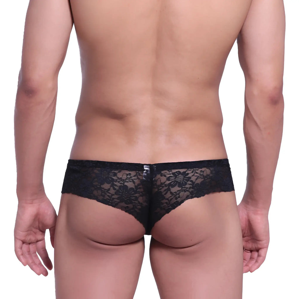 Black lace men’s underwear with floral pattern by metromalewear micro cheek lace black 2027-48 front view