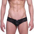 Black lace thong with delicate floral pattern and small red metro malewear brand tag on waistband