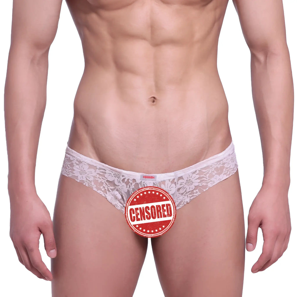 White lace thong with floral pattern and small red MetroMaleWear tag at waistband, micro cheek lace nude 2027-50 product