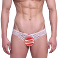 White lace thong with floral pattern and small red MetroMaleWear tag at waistband, micro cheek lace nude 2027-50 product