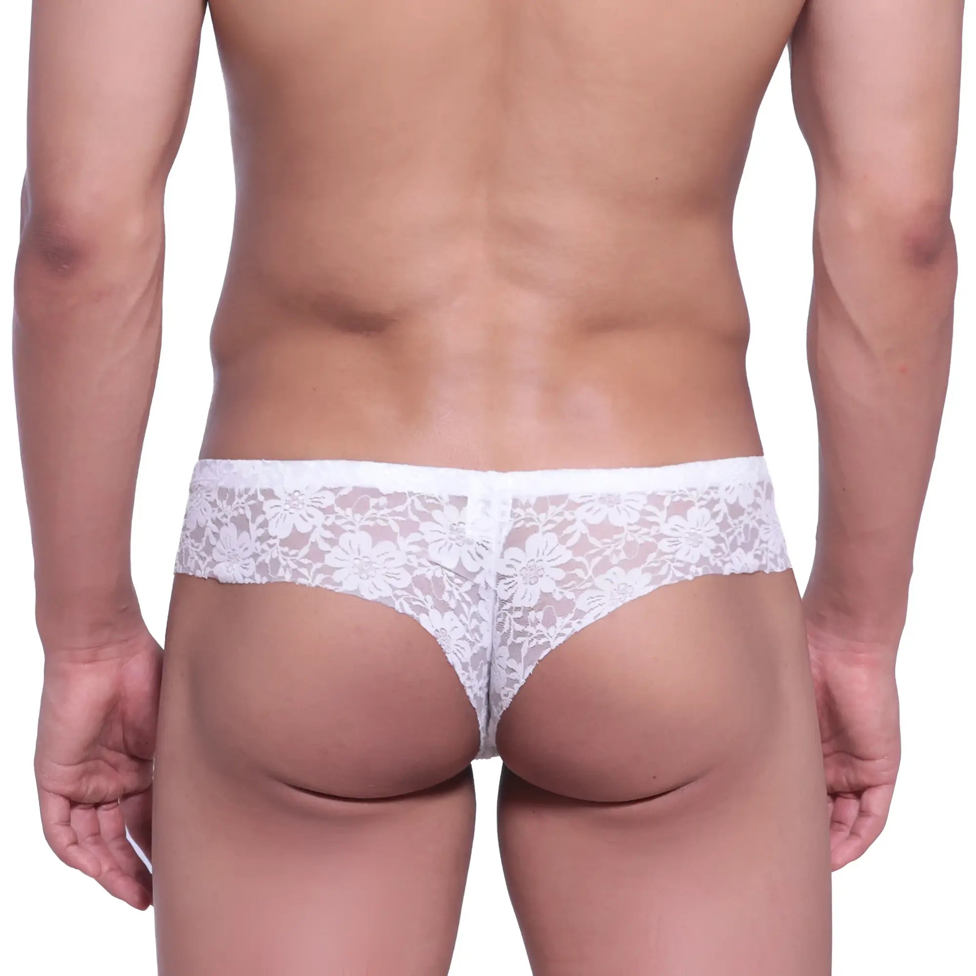 White floral lace thong from metromalewear micro cheek lace collection featuring delicate lace material