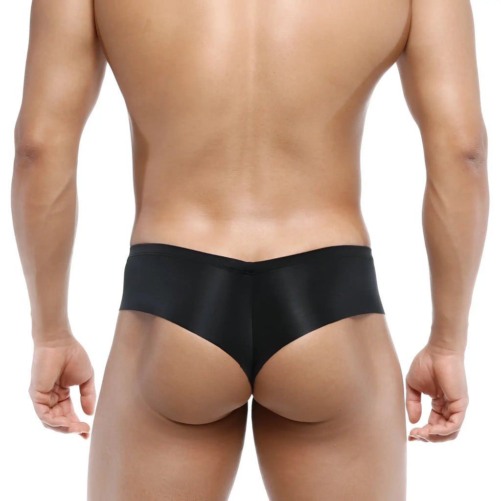 Black satin briefs with a sleek smooth finish from metromalewear micro cheek naked black 2027-30 product line