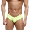 Bright neon yellow metroMalewear micro cheek men’s briefs with red and white brand tag on waistband 2027-07