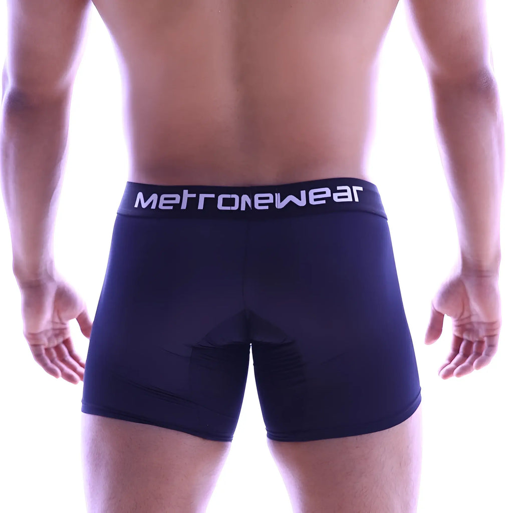 Navy blue metronewear men’s micro long boxer briefs with white logo band and padded rear section back view