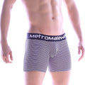 Black and white striped metro malewear micro long boxer briefs with navy waistband and white logo lettering