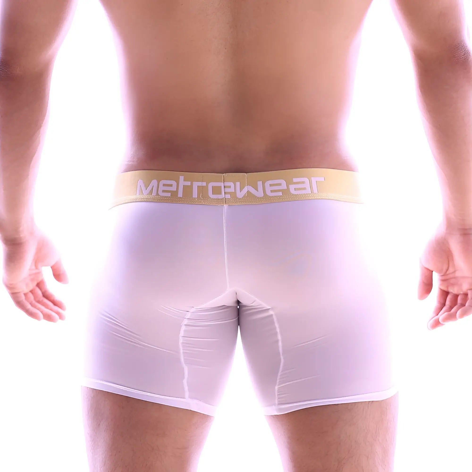 White metrowear micro long boxer briefs with gold waistband and white brand name lettering in 7017-00 design