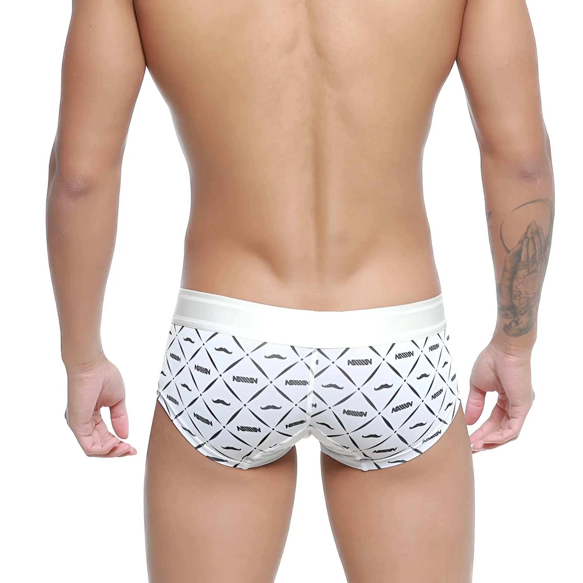 White briefs with black geometric mustache pattern and nassim branding metro malewear micro mini boxer caballero 7013-04