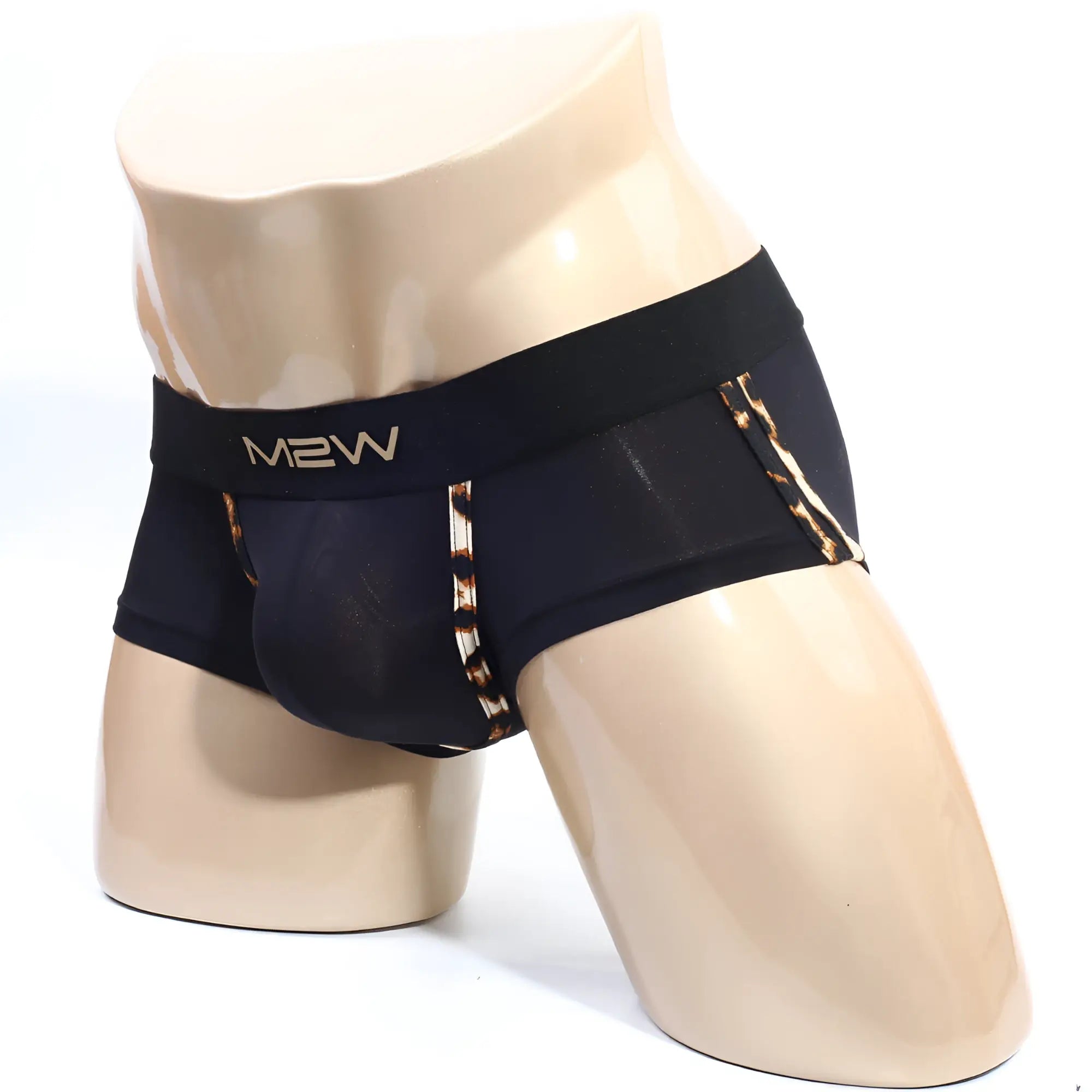 Black m2w men’s briefs with gold leopard print trim from metromalewear micro mini boxer cheetah 7013-47