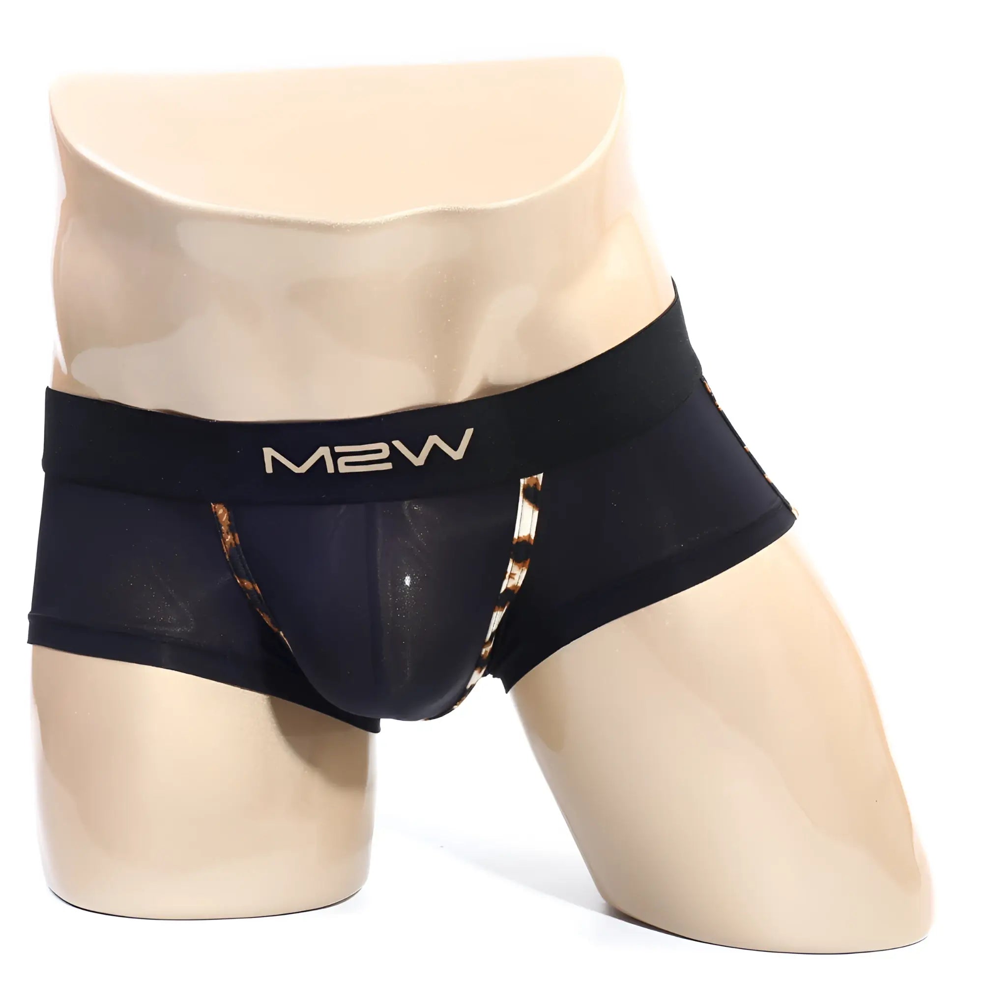 Black m2w men’s briefs with leopard print trim and glossy sheer mesh front from MetroMaleWear micro mini boxer