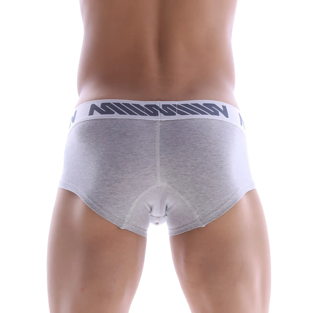 MetroMaleWear micro mini boxer briefs in gray heather with white elastic waistband and dark gray stylized lettering