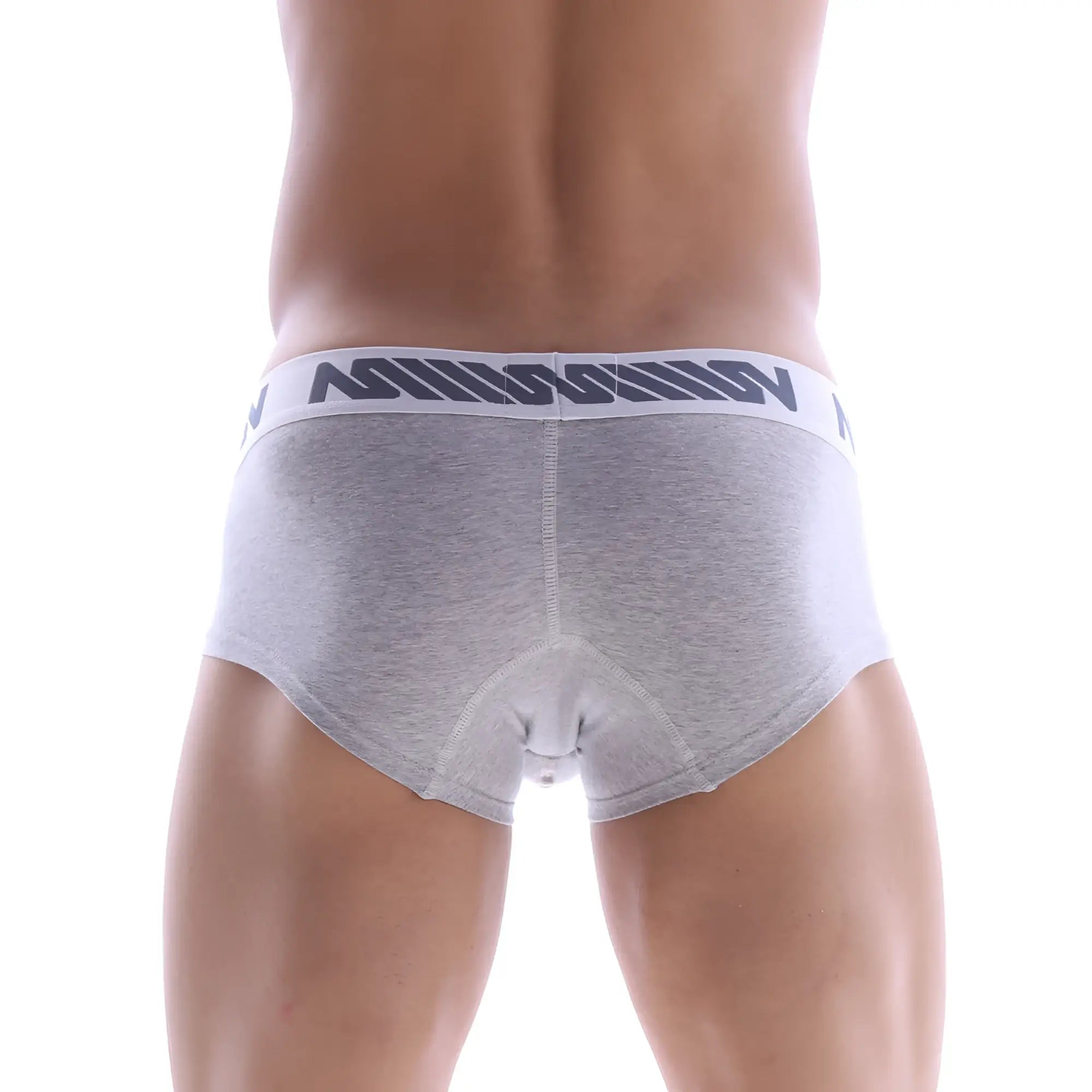 MetroMaleWear micro mini boxer briefs in gray heather with white elastic waistband and dark gray stylized lettering