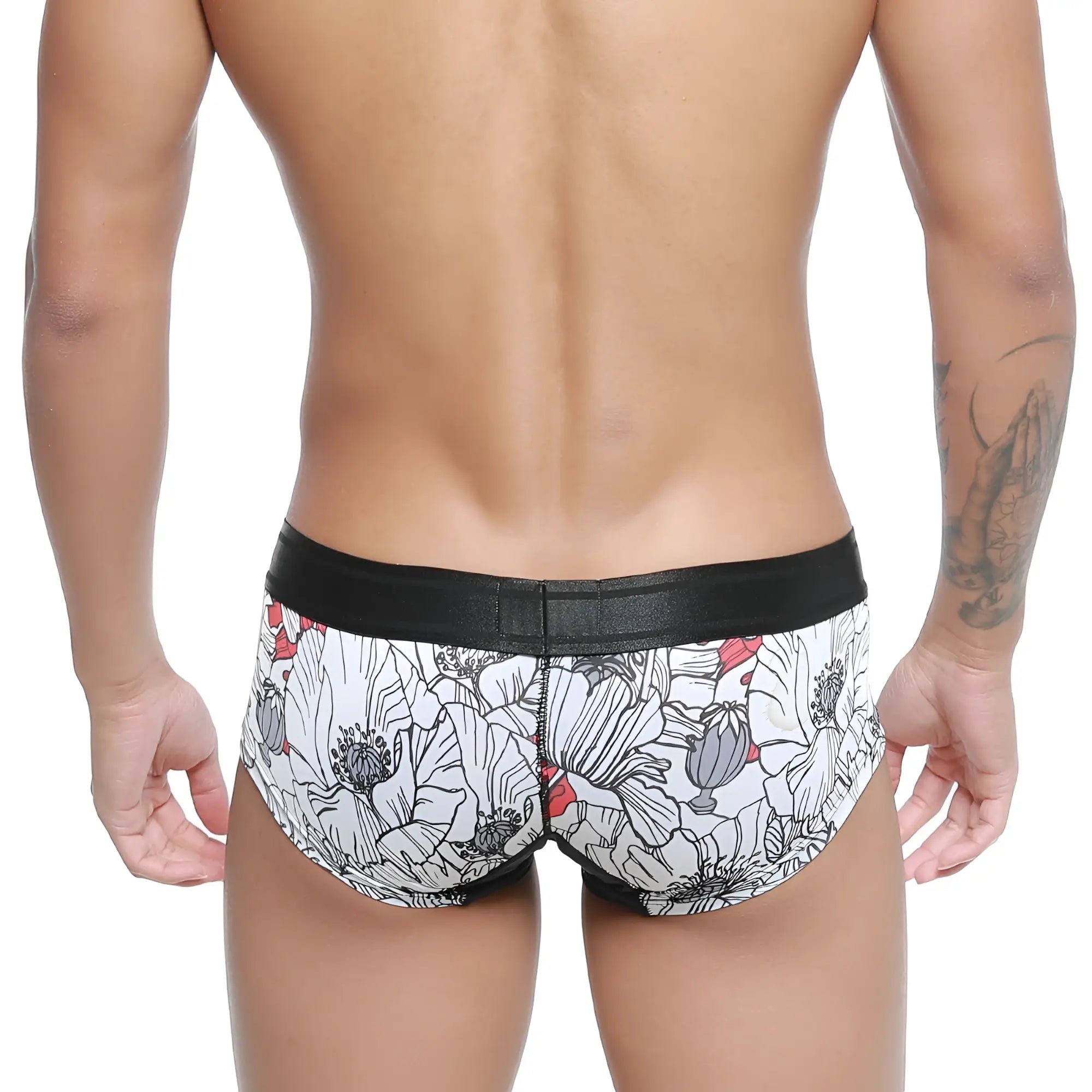 White briefs MetroMaleWear micro mini boxer Escobar 7013-03 with black elastic waistband and gray white red poppy pattern
