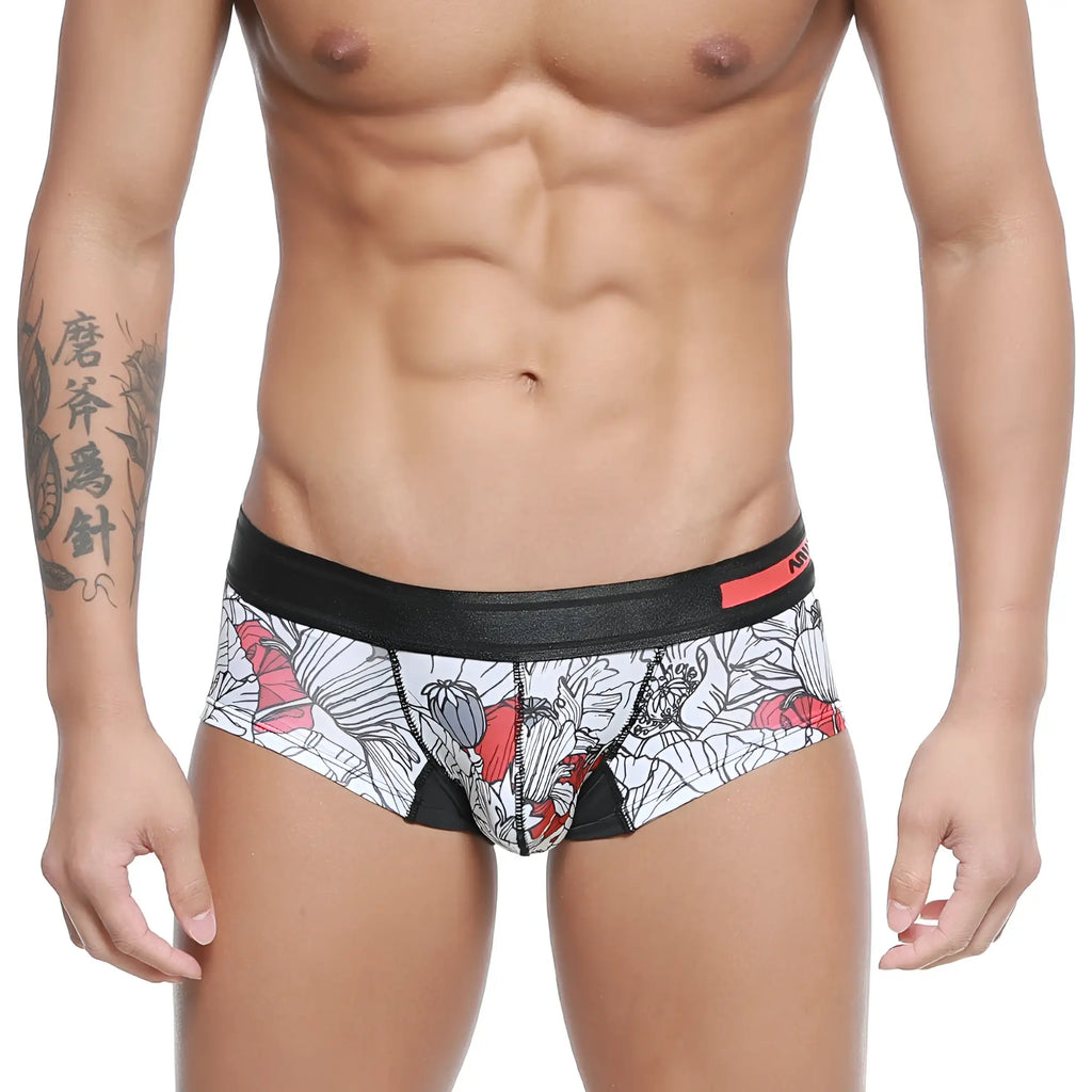 White briefs metro malewear micro mini boxer escobar 7013-03 with bold red and black floral pattern and black waistband