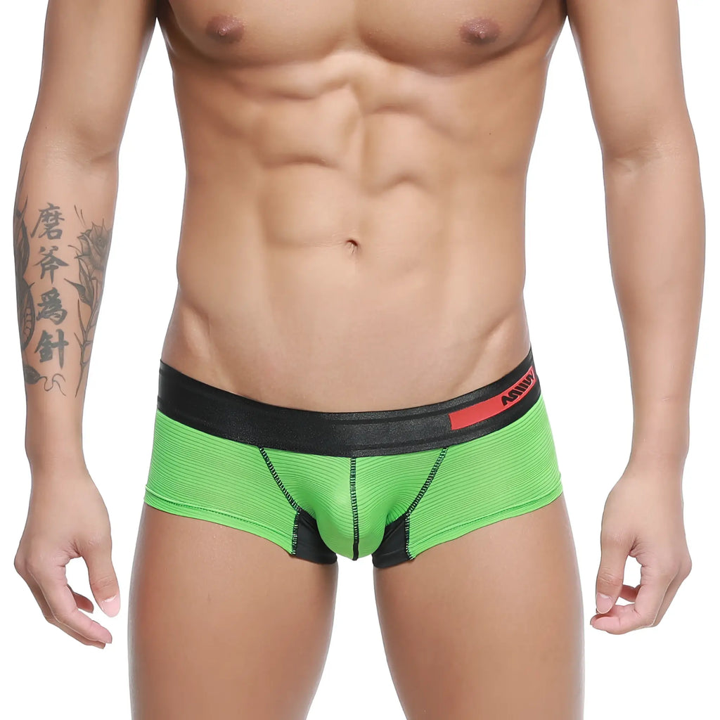 Bright green ribbed mens briefs with black waistband and red white metro malewear branding model 7013-07