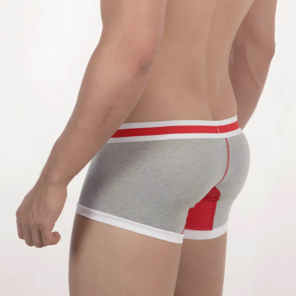MetroMalewear micro mini boxer briefs in gray heather with red and white trim and a bold red side panel