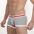 Metro male wear micro mini boxer gray briefs with red and white striped waistband and subtle logo patch