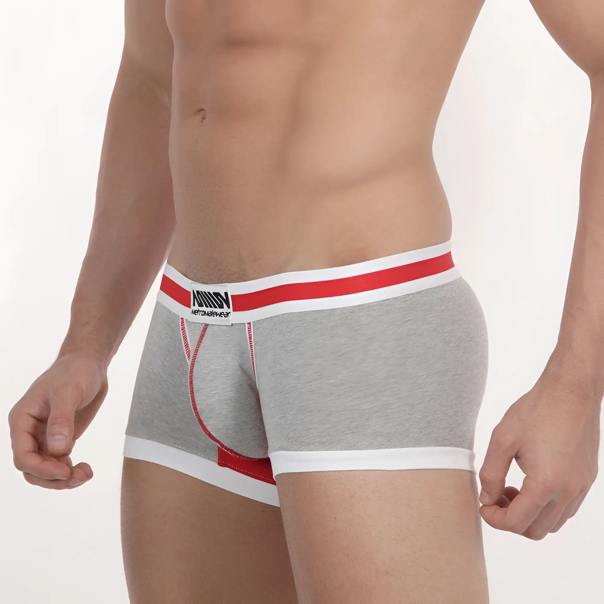 Metro male wear micro mini boxer gray briefs with red and white striped waistband and subtle logo patch