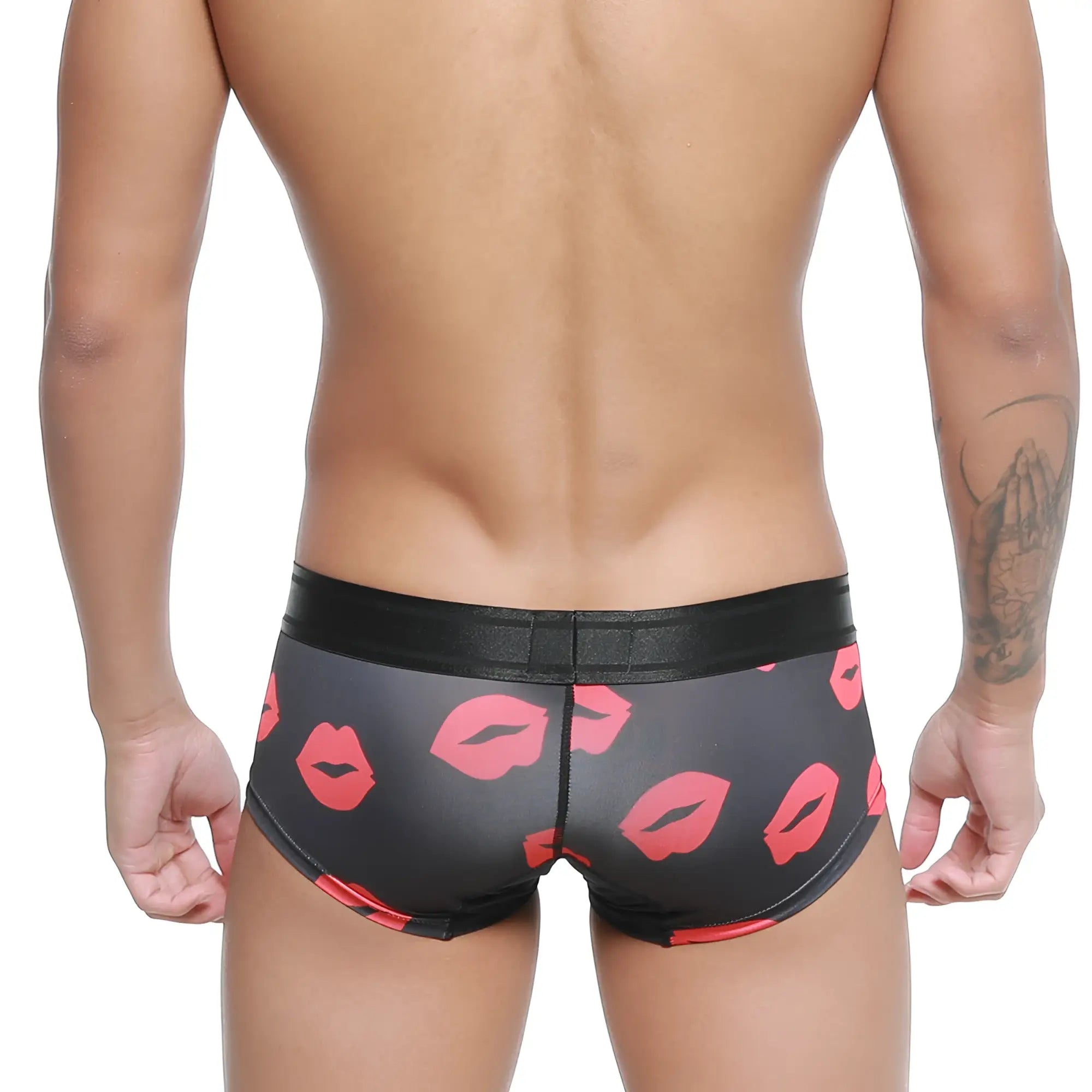 MetroMaleWear micro mini boxer briefs with bold red lipstick print and shiny black waistband in black fabric