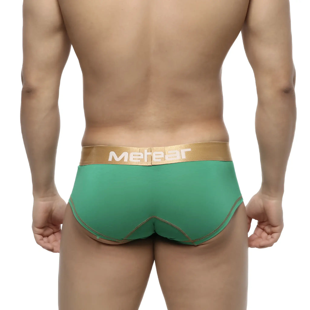 Green metear metroalewear micro mini boxer briefs with gold waistband and matching stitching Navidad 7013-17