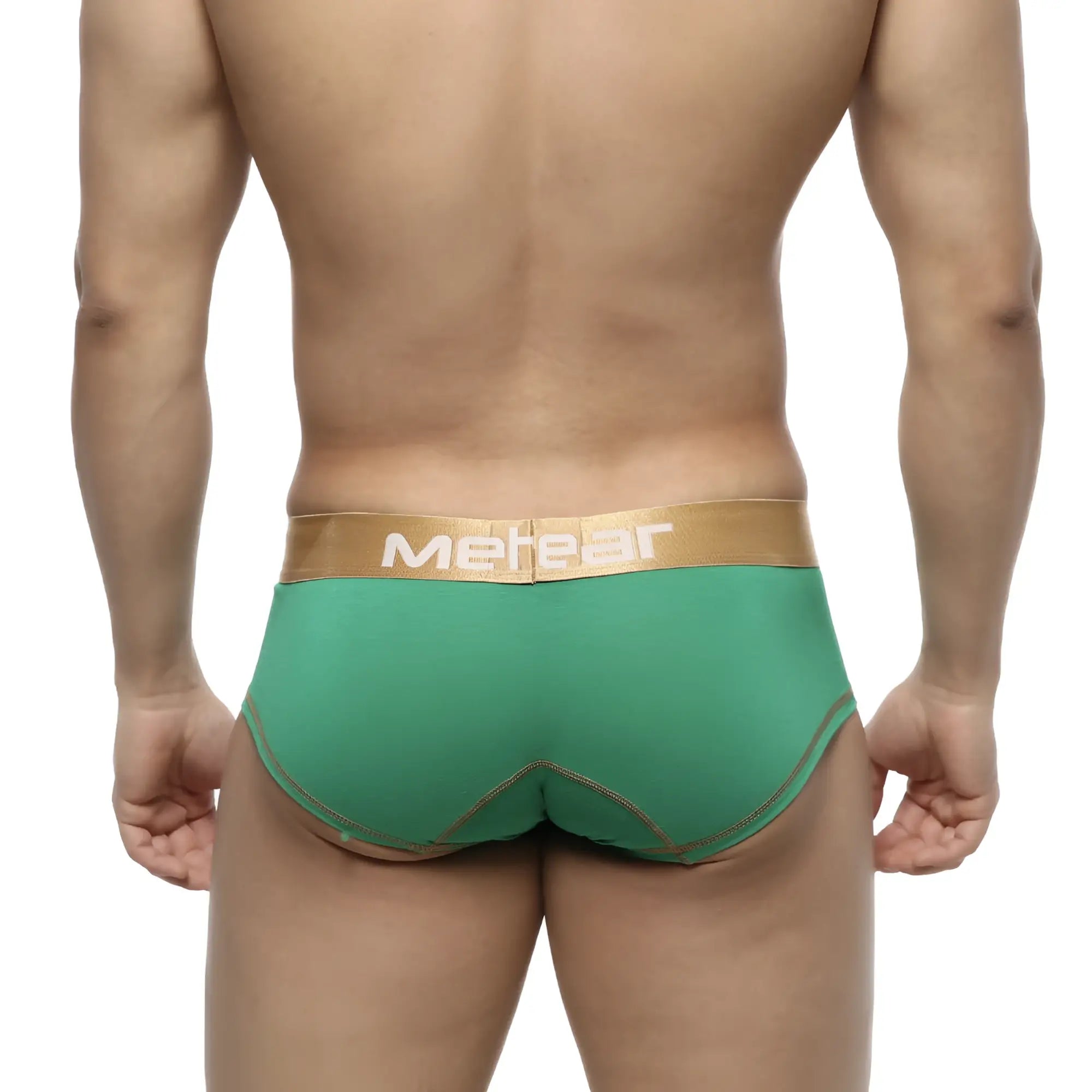 Green metear metroalewear micro mini boxer briefs with gold waistband and matching stitching Navidad 7013-17