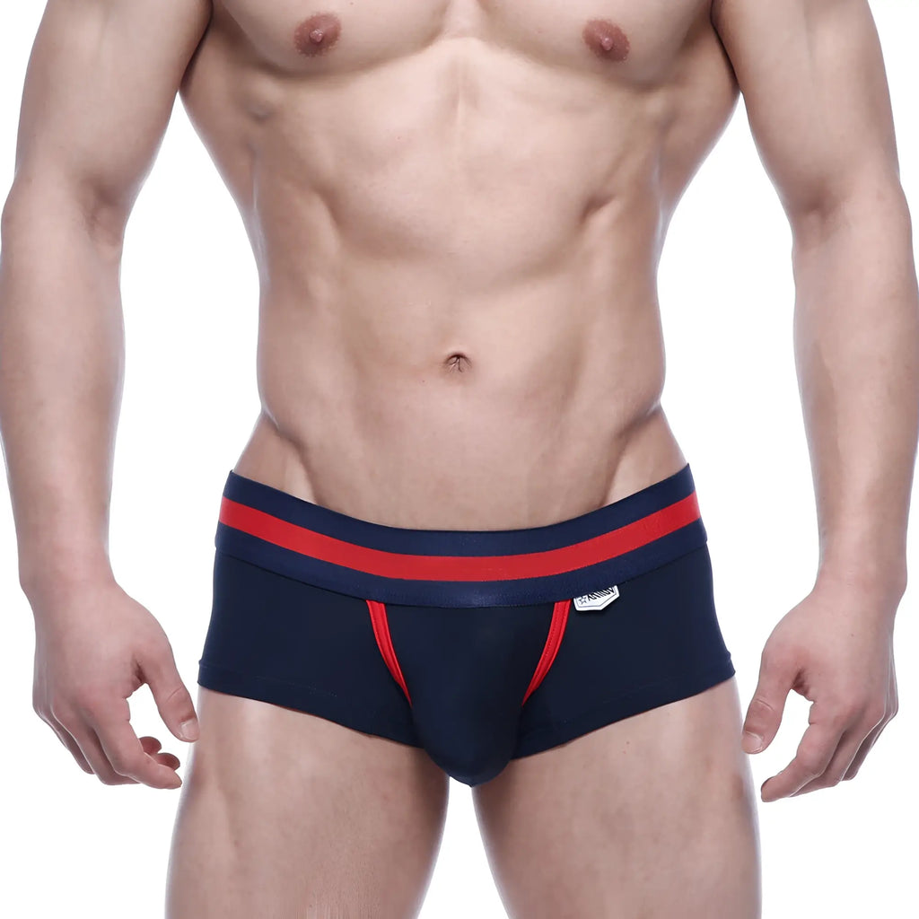 MetroMaleWear micro mini boxer briefs navy blue with red trim and small white logo on waistband in soft breathable fabric