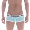 Light blue and white metro male wear micro mini boxer briefs with gray logo band in pastel green 7013-75