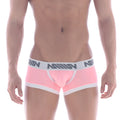 Pink metro male wear micro mini boxer briefs with white waistband gray miiiv logo and white leg trim