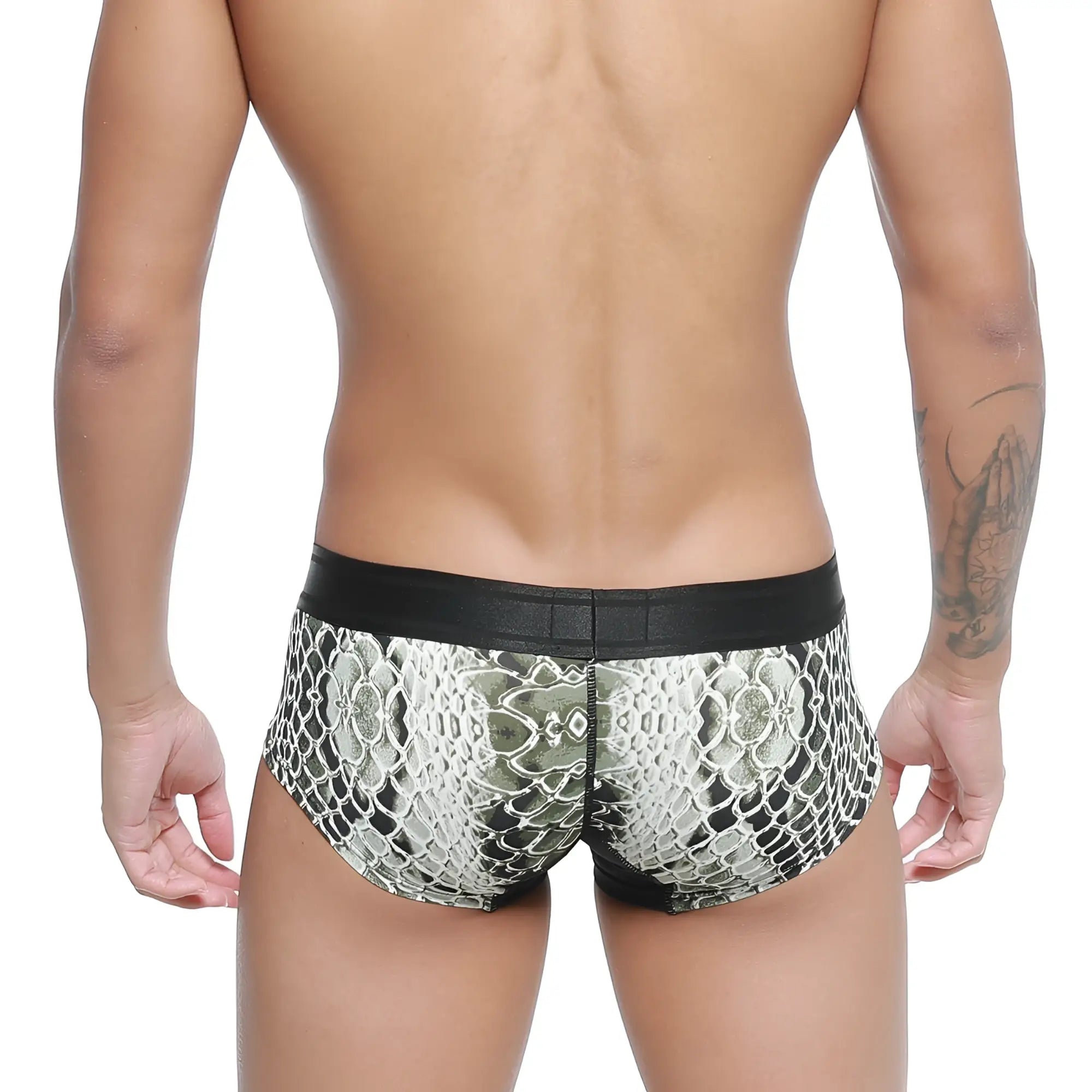 Black and silver patterned lace-trimmed briefs with a sleek modern design metroMaleWear micro mini boxer python 7013-60
