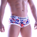 Blue red and gray camouflage men’s briefs with a white miiw waistband metroMaleWear micro mini boxer red camo