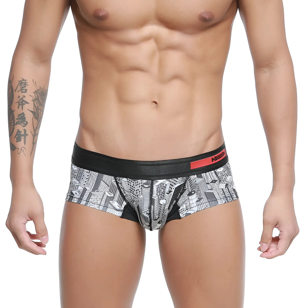 Men’s briefs with black and white cityscape pattern and red metro male wear logo on waistband metro male wear micro mini boxer skyscraper 7013-48