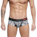 Men’s briefs with black and white cityscape pattern and red metro male wear logo on waistband metro male wear micro mini boxer skyscraper 7013-48