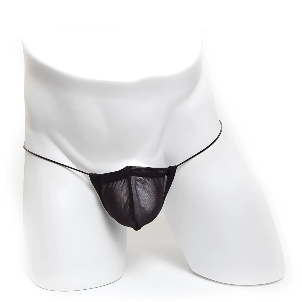 Black mesh thong with thin elastic straps made of microfiber by MetroMaleWear in black color for stylish wear