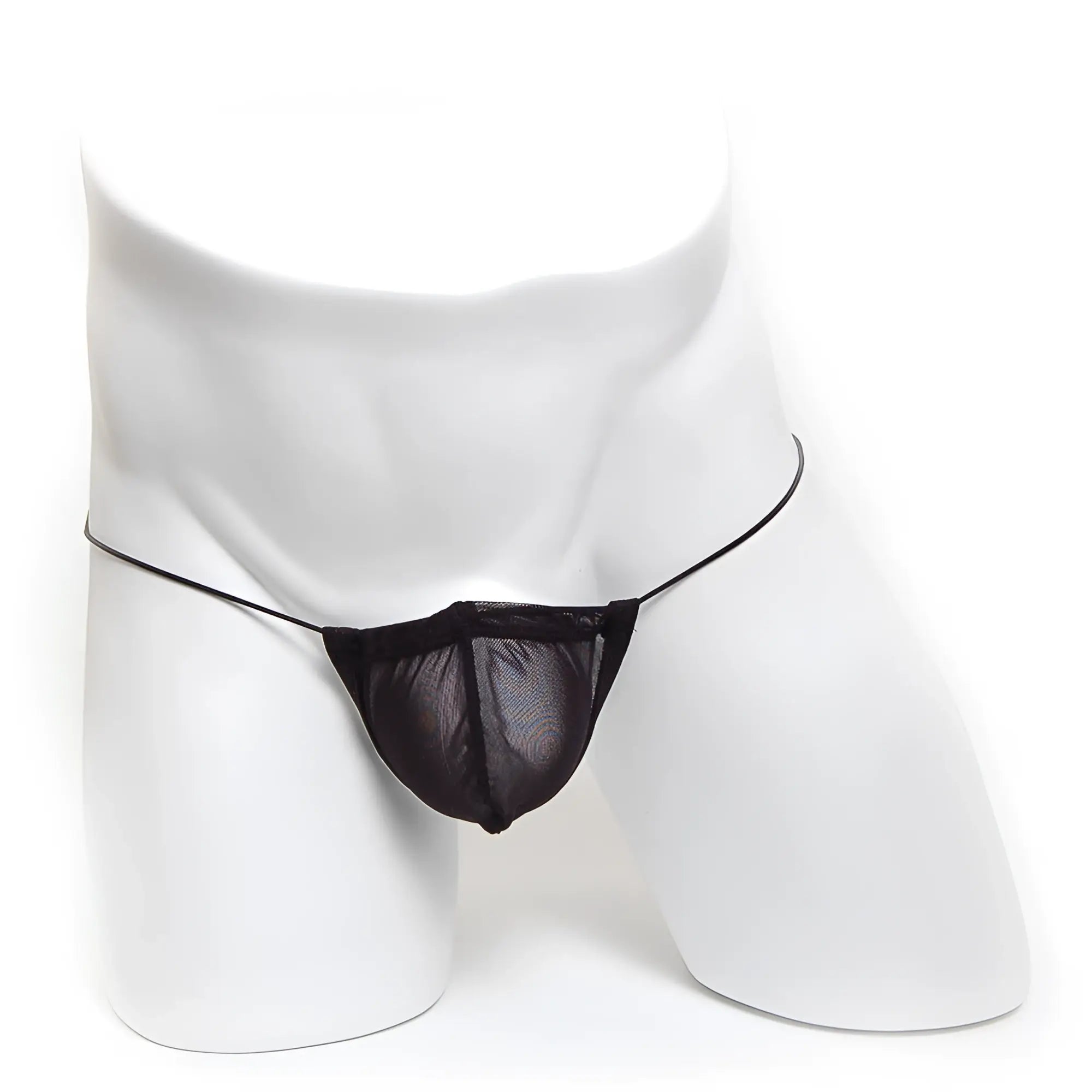 Black mesh thong with thin elastic straps made of microfiber by MetroMaleWear in black color for stylish wear