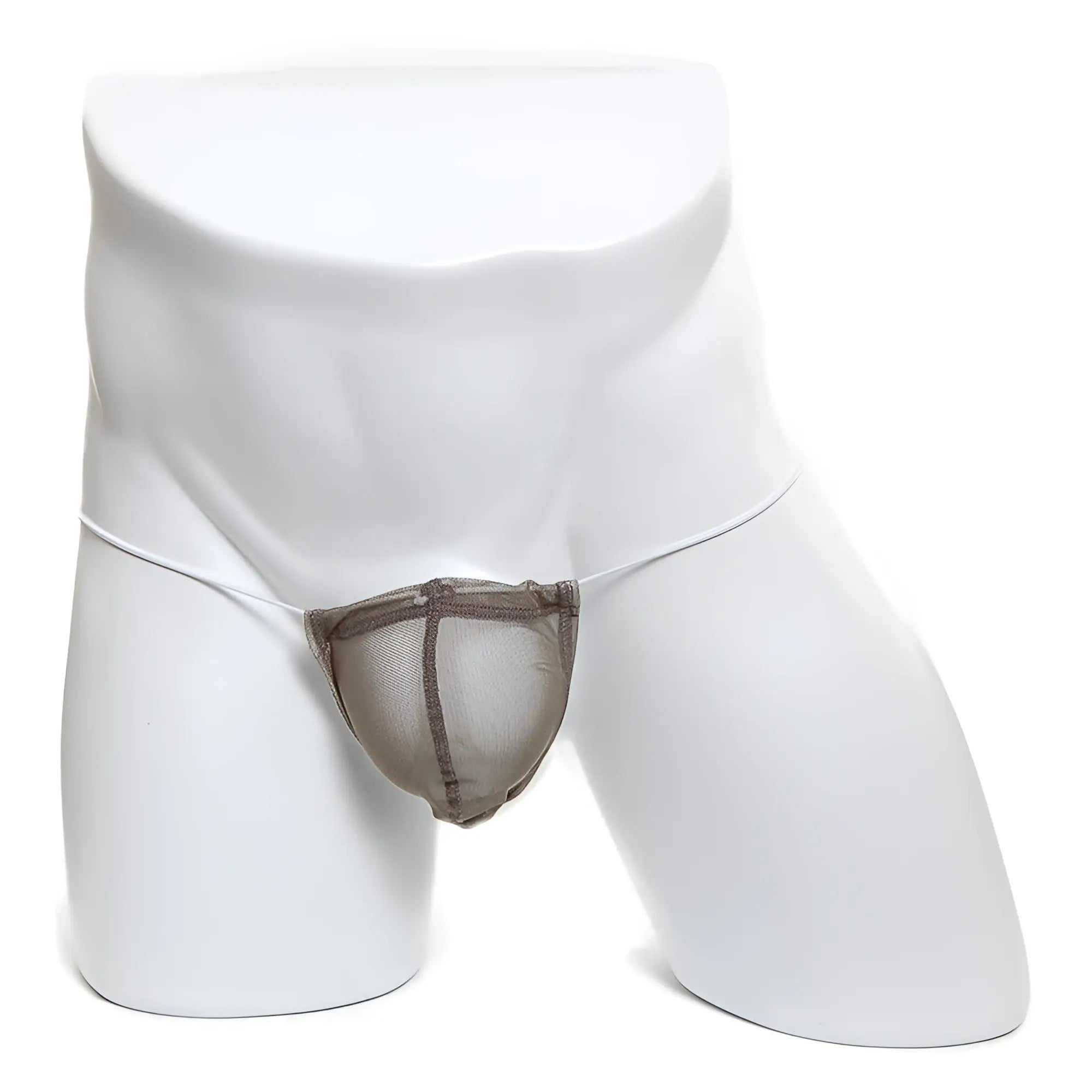 A taupe mesh thong with reinforced darker brown trim from MetroMaleWear microfiber g khaki mesh 2015-48 collection